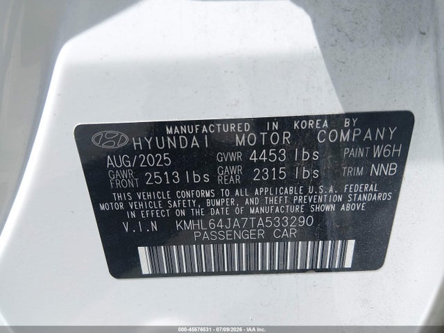 Aukcja sprzedaży 2026 Hyundai Sonata Sel Sport, vin: KMHL64JA7TA533290, numer aukcji: 45576531