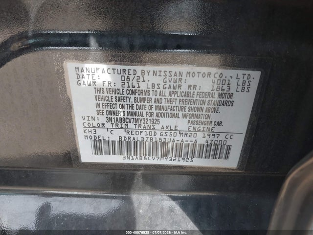 Продаж на аукціоні авто 2021 Nissan Sentra Sv Xtronic Cvt, vin: 3N1AB8CV7MY321925, номер лоту: 45576538