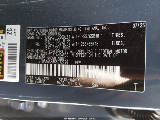 45576543 :رقم المزاد ، 5TDAAAA58SS032728 vin ، 2025 Toyota Grand Highlander Xle مزاد بيع