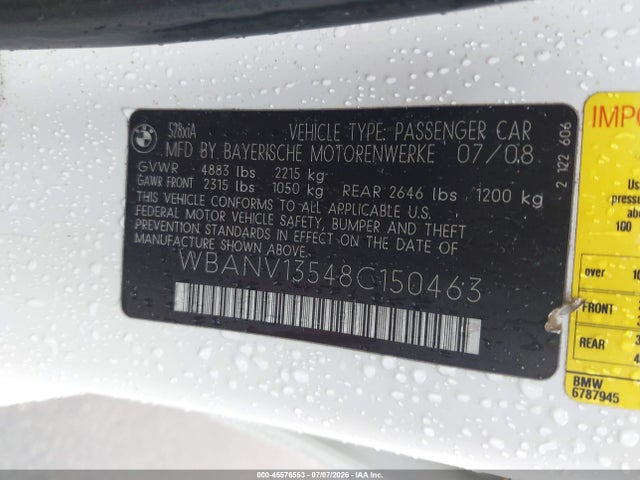Aukcja sprzedaży 2008 Bmw 528xi, vin: WBANV13548C150463, numer aukcji: 45576553