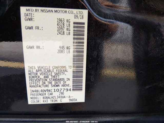 2019 Nissan Altima 2.5 Sv მანქანა იყიდება აუქციონზე, vin: 1N4BL4DV9KC107794, აუქციონის ნომერი: 45576557
