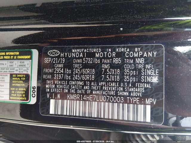 2020 Hyundai Palisade Se მანქანა იყიდება აუქციონზე, vin: KM8R14HE7LU070003, აუქციონის ნომერი: 45576608