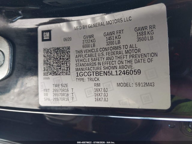 45576622 :رقم المزاد ، 1GCGTBEN5L1246059 vin ، 2020 Chevrolet Colorado 4wd  Short Box Wt مزاد بيع