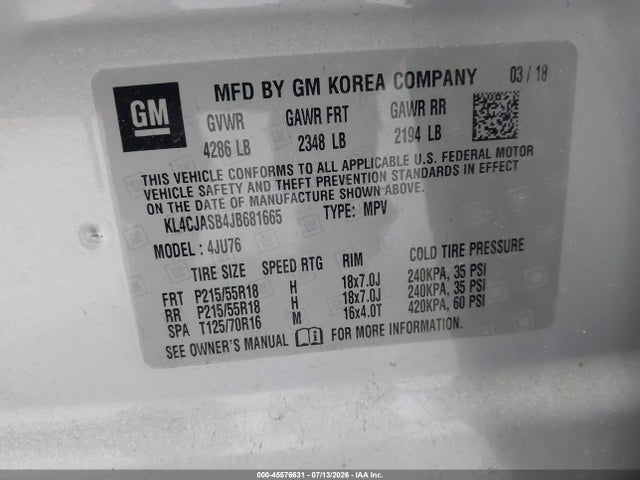 Aukcja sprzedaży 2018 Buick Encore Preferred, vin: KL4CJASB4JB681665, numer aukcji: 45576631