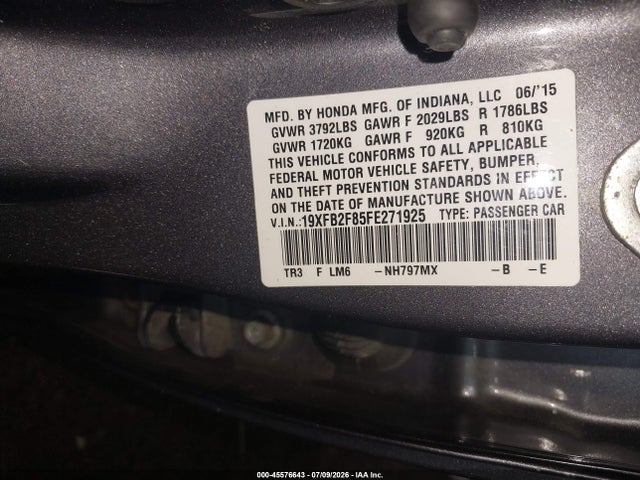 2015 Honda Civic Ex მანქანა იყიდება აუქციონზე, vin: 19XFB2F85FE271925, აუქციონის ნომერი: 45576643