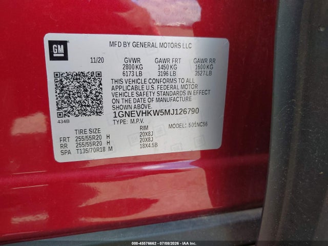 45576662 :رقم المزاد ، 1GNEVHKW5MJ126790 vin ، 2021 Chevrolet Traverse Awd Lt Leather مزاد بيع