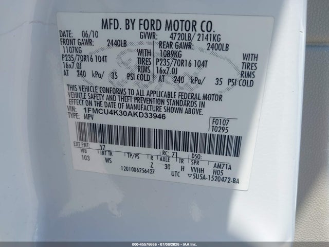 Продажа на аукционе авто 2010 Ford Escape Hybrid Limited, vin: 1FMCU4K30AKD33946, номер лота: 45576666