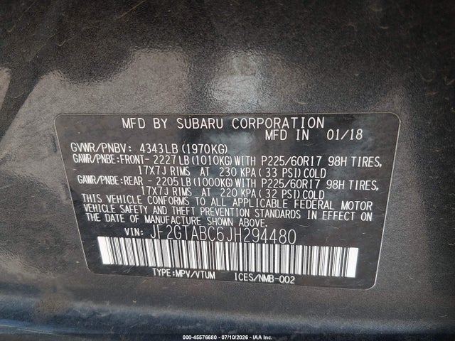 45576680 :رقم المزاد ، JF2GTABC6JH294480 vin ، 2018 Subaru Crosstrek 2.0i Premium مزاد بيع