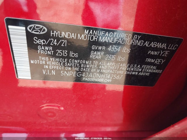 Продажа на аукционе авто 2022 Hyundai Sonata Se, vin: 5NPEG4JA0NH142567, номер лота: 45576692