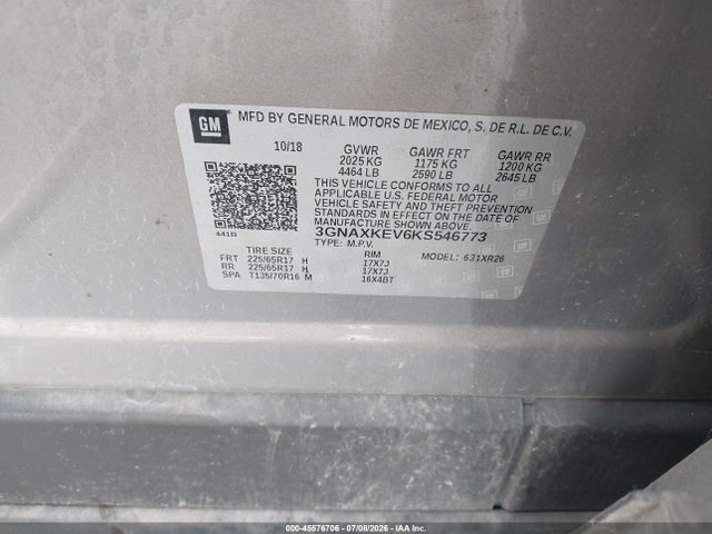 Aukcja sprzedaży 2019 Chevrolet Equinox Lt, vin: 3GNAXKEV6KS546773, numer aukcji: 45576706