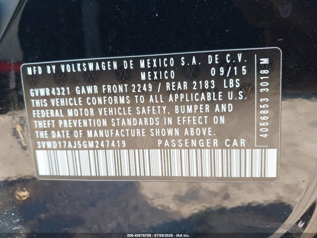 45576709 :رقم المزاد ، 3VWD17AJ5GM247419 vin ، 2016 Volkswagen Jetta 1.8t Sport مزاد بيع