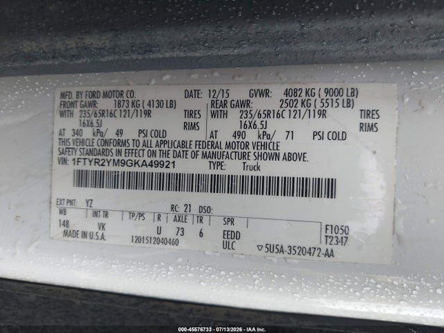 45576733 :رقم المزاد ، 1FTYR2YM9GKA49921 vin ، 2016 Ford Transit-250 مزاد بيع