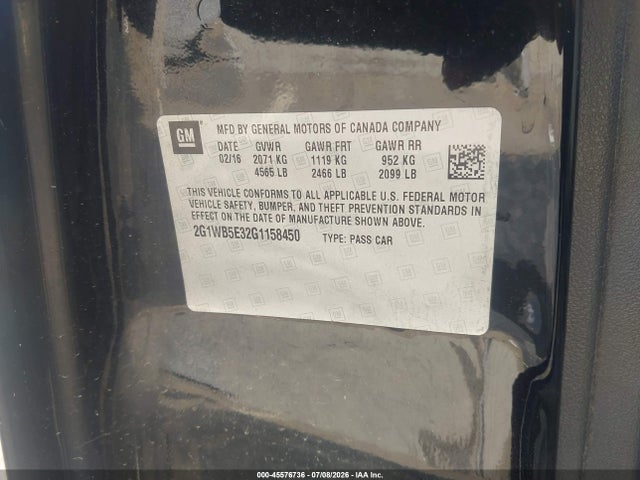 45576736 :رقم المزاد ، 2G1WB5E32G1158450 vin ، 2016 Chevrolet Impala Limited Lt مزاد بيع