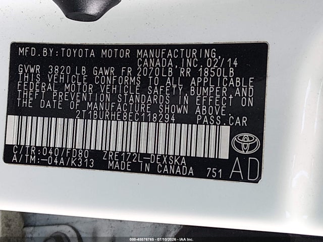 45576765 :رقم المزاد ، 2T1BURHE8EC118294 vin ، 2014 Toyota Corolla S Plus مزاد بيع