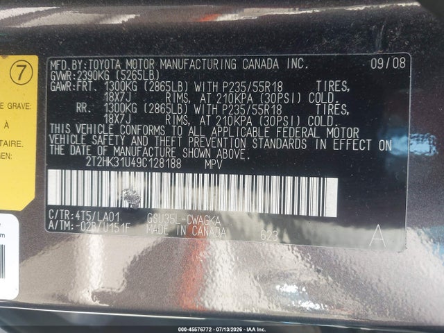 45576772 :رقم المزاد ، 2T2HK31U49C128188 vin ، 2009 Lexus Rx 350 مزاد بيع