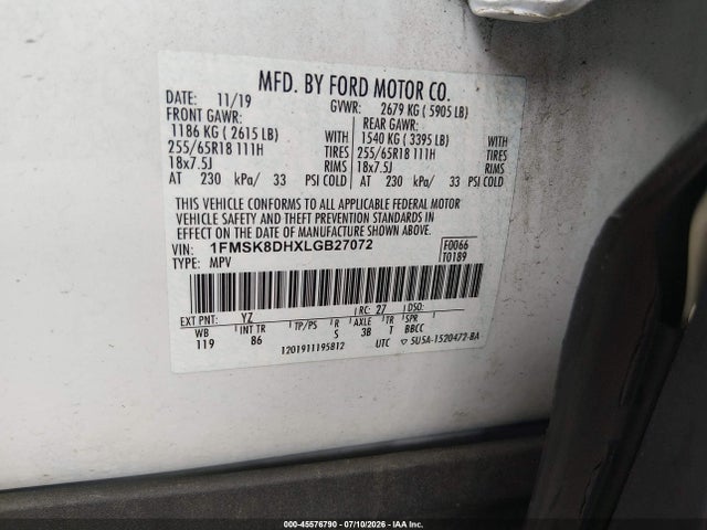 45576790 :رقم المزاد ، 1FMSK8DHXLGB27072 vin ، 2020 Ford Explorer Xlt مزاد بيع