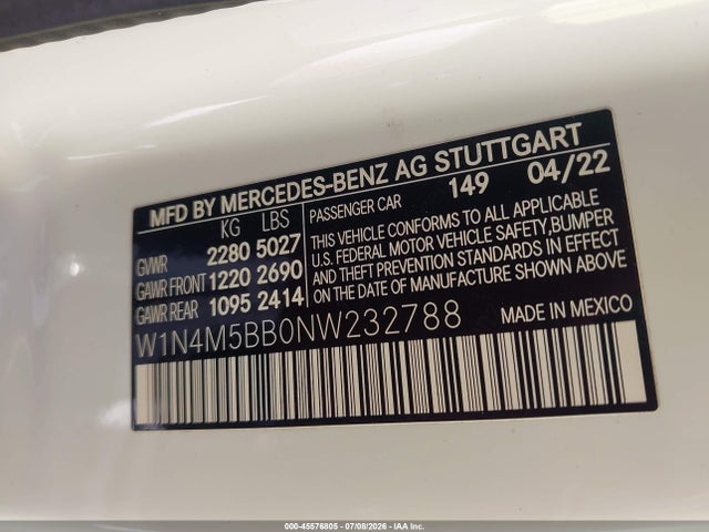 45576805 :رقم المزاد ، W1N4M5BB0NW232788 vin ، 2022 Mercedes-benz Amg Glb 35 4matic مزاد بيع
