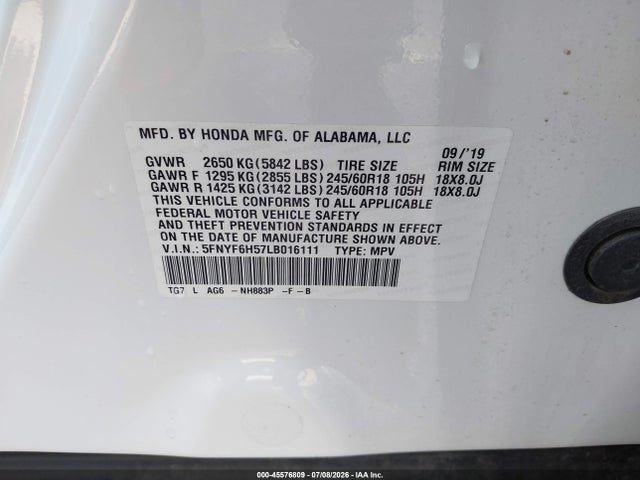 5FNYF6H57LB016111 Honda Pilot Awd Ex-l