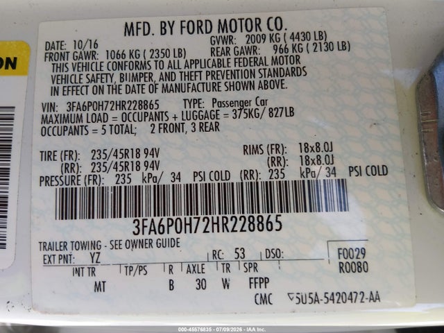 2017 Ford Fusion Se მანქანა იყიდება აუქციონზე, vin: 3FA6P0H72HR228865, აუქციონის ნომერი: 45576835