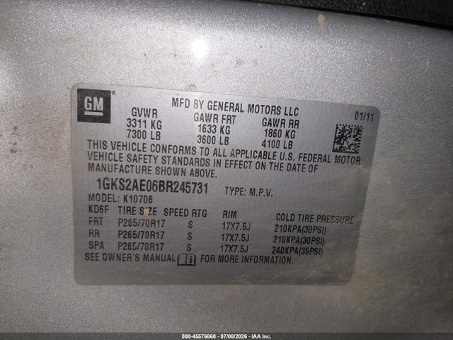 2011 Gmc Yukon Sle მანქანა იყიდება აუქციონზე, vin: 1GKS2AE06BR245731, აუქციონის ნომერი: 45576860