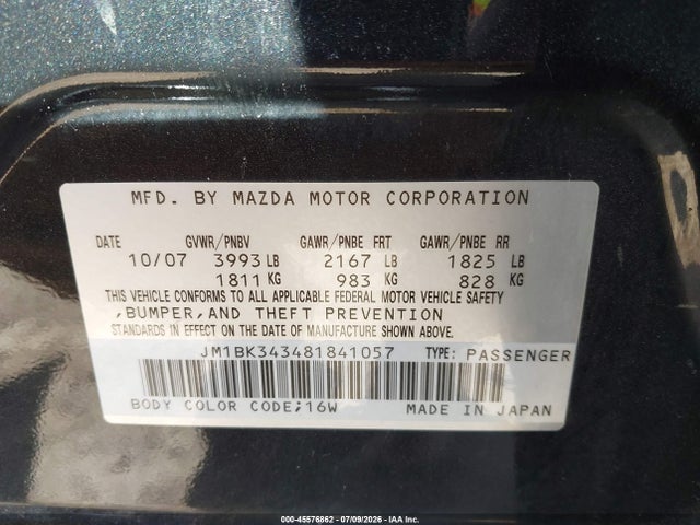2008 Mazda Mazda3 S Grand Touring მანქანა იყიდება აუქციონზე, vin: JM1BK343481841057, აუქციონის ნომერი: 45576862