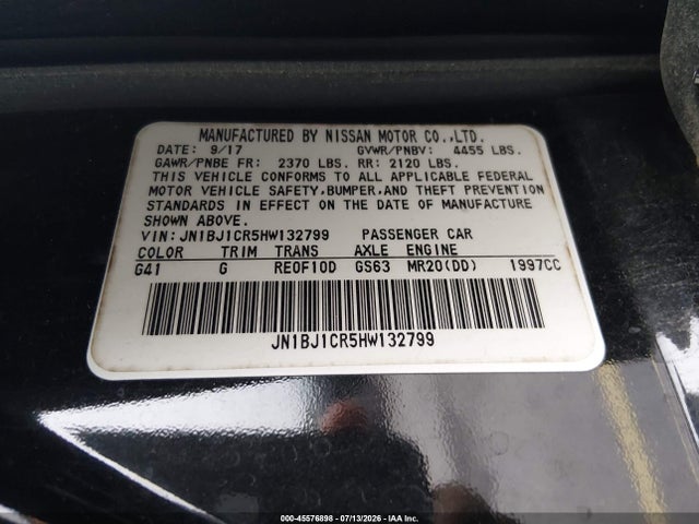 45576898 :رقم المزاد ، JN1BJ1CR5HW132799 vin ، 2017 Nissan Rogue Sport Sv مزاد بيع
