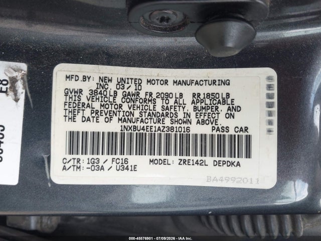 Продажа на аукционе авто 2010 Toyota Corolla Le, vin: 1NXBU4EE1AZ381016, номер лота: 45576901