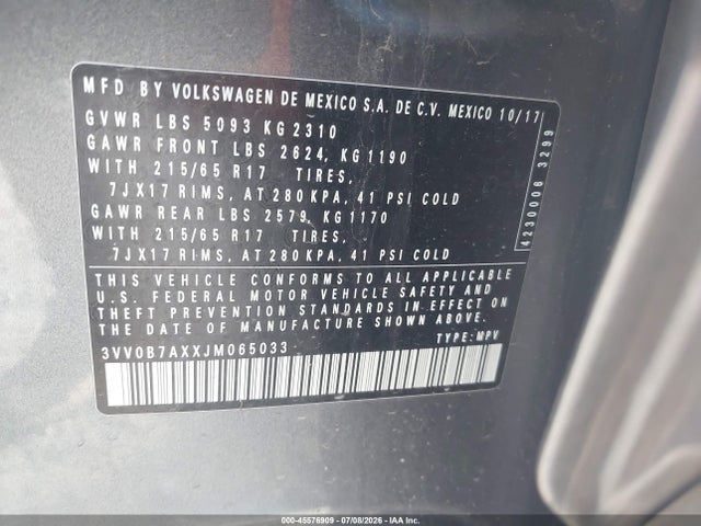Продаж на аукціоні авто 2018 Volkswagen Tiguan 2.0t S, vin: 3VV0B7AXXJM065033, номер лоту: 45576909