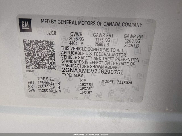 Продажа на аукционе авто 2018 Chevrolet Equinox Premier, vin: 2GNAXMEV7J6290751, номер лота: 45576936