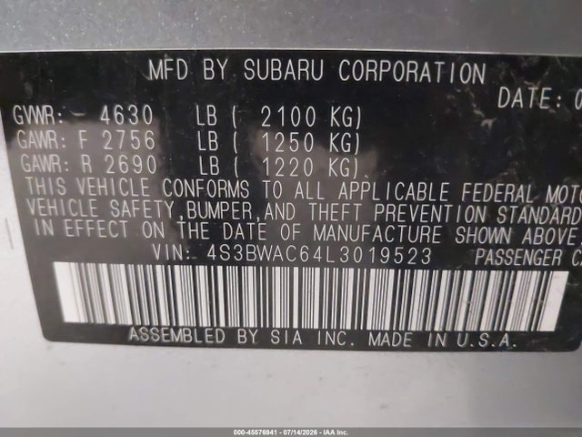 Aukcja sprzedaży 2020 Subaru Legacy Premium, vin: 4S3BWAC64L3019523, numer aukcji: 45576941