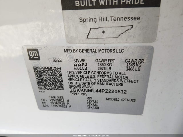 45576950 :رقم المزاد ، 1GKKNML44PZ220512 vin ، 2023 Gmc Acadia Fwd Slt مزاد بيع