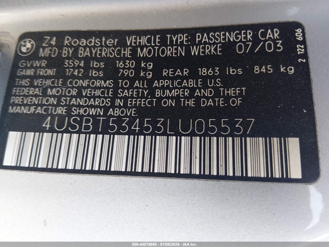 45576960 :رقم المزاد ، 4USBT53453LU05537 vin ، 2003 Bmw Z4 3.0i مزاد بيع