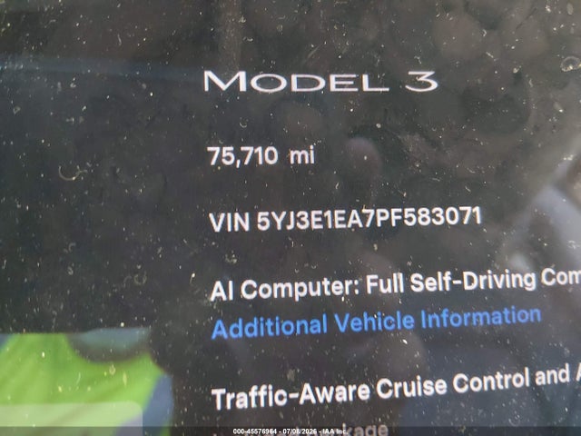 45576964 :رقم المزاد ، 5YJ3E1EA7PF583071 vin ، 2023 Tesla Model 3 Rear-wheel Drive مزاد بيع