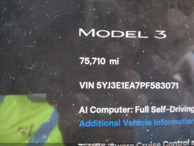 45576964 :رقم المزاد ، 5YJ3E1EA7PF583071 vin ، 2023 Tesla Model 3 Rear-wheel Drive مزاد بيع