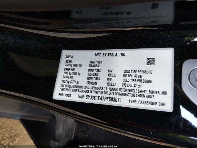 45576964 :رقم المزاد ، 5YJ3E1EA7PF583071 vin ، 2023 Tesla Model 3 Rear-wheel Drive مزاد بيع