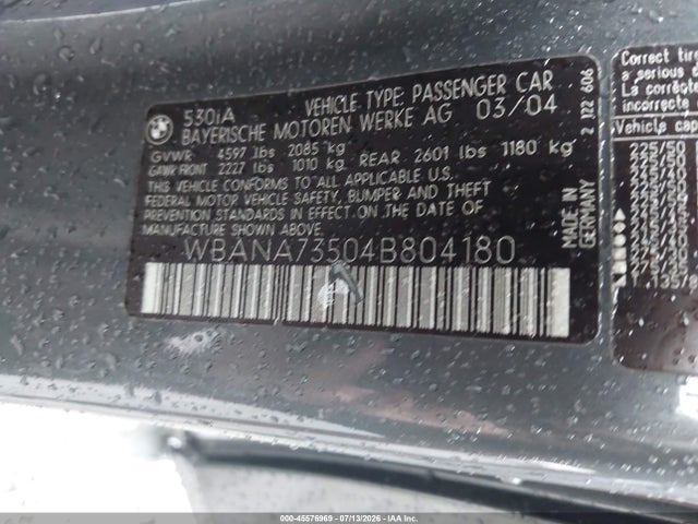45576969 :رقم المزاد ، WBANA73504B804180 vin ، 2004 Bmw 530i مزاد بيع