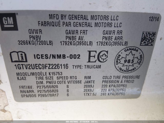 45576992 :رقم المزاد ، 1GTV2UEC9FZ226116 vin ، 2015 Gmc Sierra 1500 Sle مزاد بيع