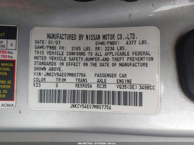Продаж на аукціоні авто 2007 Infiniti G35, vin: JNKCV54E07M907754, номер лоту: 45577024