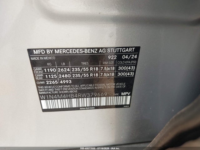 Aukcja sprzedaży 2024 Mercedes-benz Glb 250 4matic, vin: W1N4M4HB4RW379669, numer aukcji: 45577035