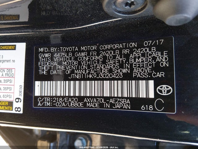 JTNB11HK9J3020423 Toyota CAMRY SE