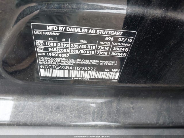 Aukcja sprzedaży 2017 Mercedes-benz Gla 250 4matic, vin: WDCTG4GB4HJ298222, numer aukcji: 45577048