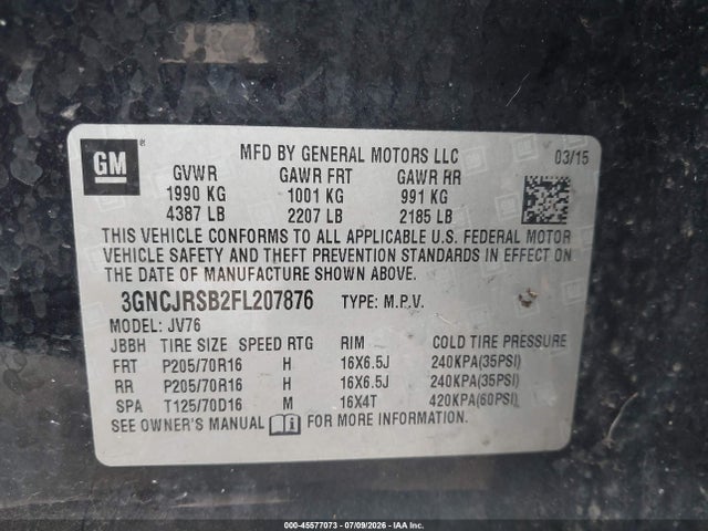 Продаж на аукціоні авто 2015 Chevrolet Trax Lt, vin: 3GNCJRSB2FL207876, номер лоту: 45577073