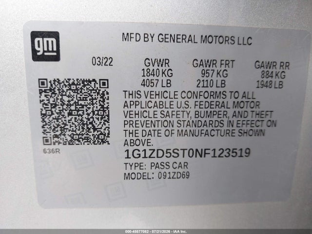 Продаж на аукціоні авто 2022 Chevrolet Malibu Fwd Lt, vin: 1G1ZD5ST0NF123519, номер лоту: 45577082