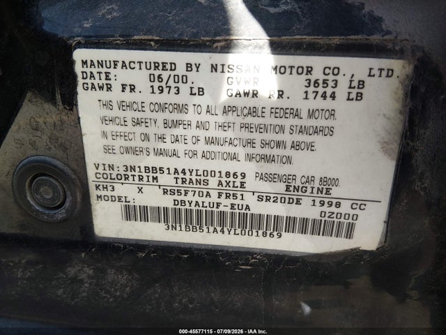Aukcja sprzedaży 2000 Nissan Sentra Se, vin: 3N1BB51A4YL001869, numer aukcji: 45577115