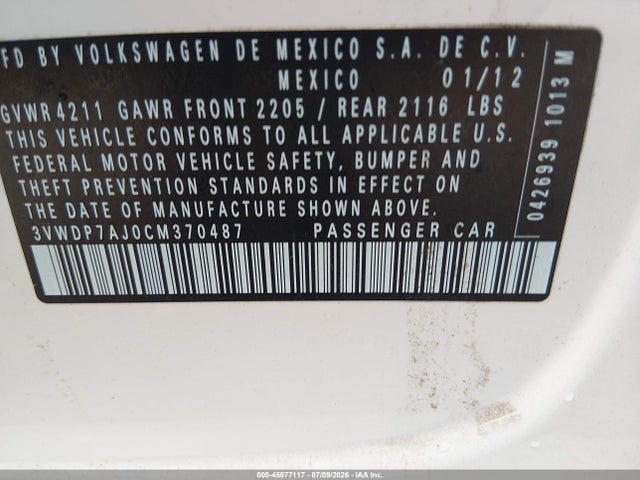 2012 Volkswagen Jetta 2.5l Se მანქანა იყიდება აუქციონზე, vin: 3VWDP7AJ0CM370487, აუქციონის ნომერი: 45577117