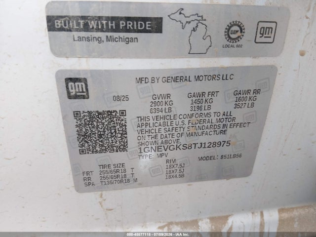 1GNEVGKS8TJ128975 Chevrolet Traverse Awd Lt