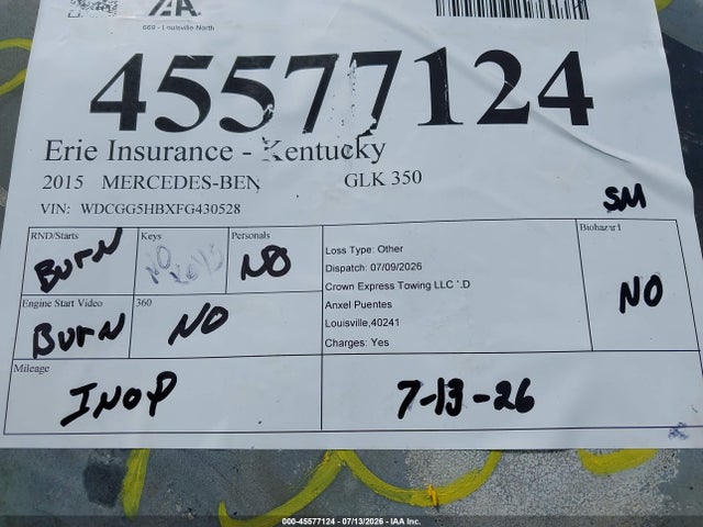 Продаж на аукціоні авто 2015 Mercedes-benz Glk 350, vin: WDCGG5HBXFG430528, номер лоту: 45577124