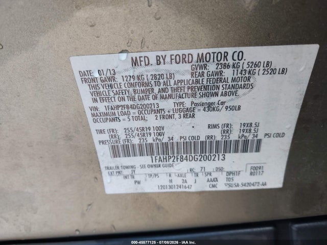 Продаж на аукціоні авто 2013 Ford Taurus Limited, vin: 1FAHP2F84DG200213, номер лоту: 45577125