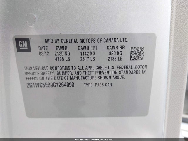 45577137 :رقم المزاد ، 2G1WC5E39C1264093 vin ، 2012 Chevrolet Impala Ltz مزاد بيع