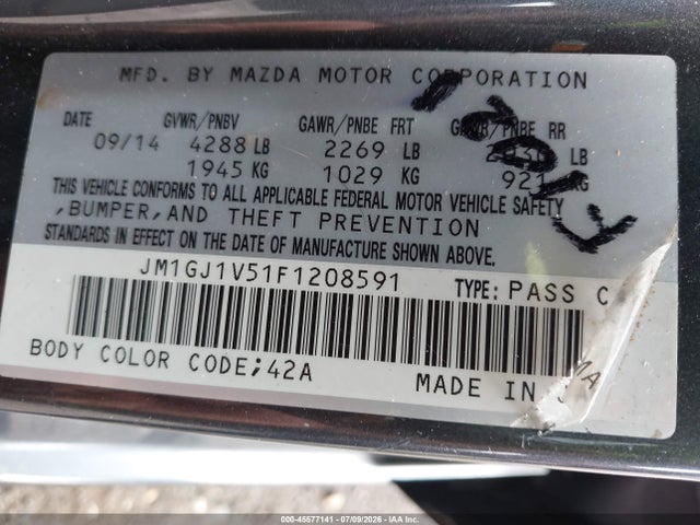 2015 Mazda Mazda6 I Touring მანქანა იყიდება აუქციონზე, vin: JM1GJ1V51F1208591, აუქციონის ნომერი: 45577141